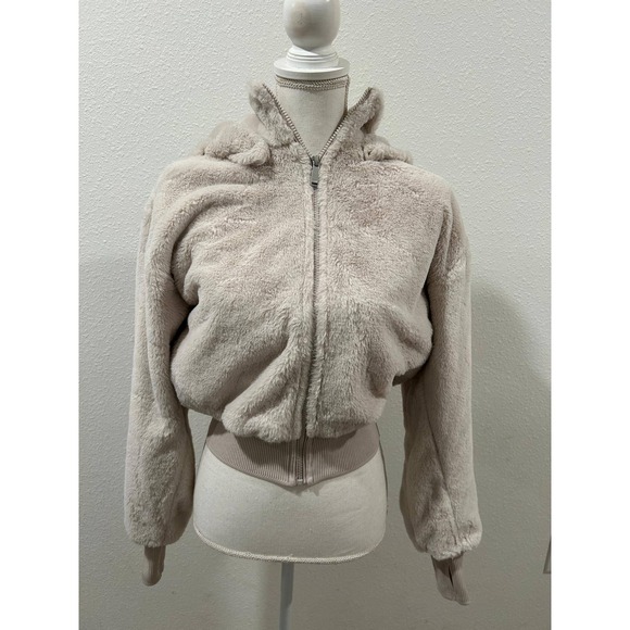 Dkny Jackets & Blazers - DKNY Sport Womens Faux Fur Hooded Bomber Jacket Blush Beige Detachable Hoodie